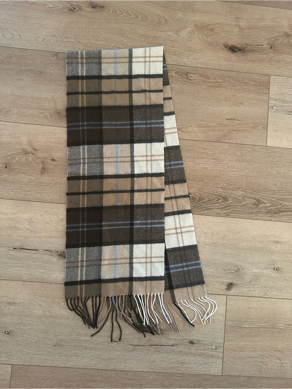 Club Room 100% Cashmere Plaid Scarf Brown Blue Cream Quiet Luxury